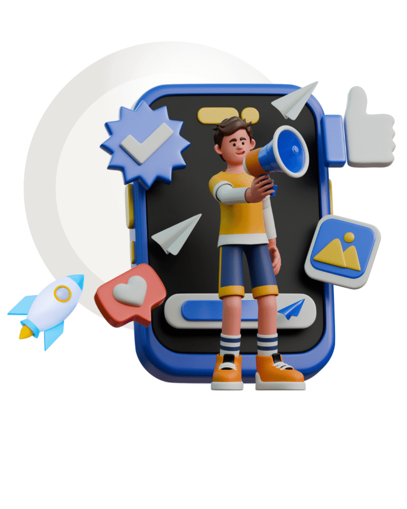 3D illustration of a young digital marketer standing in front of a large smartphone screen, surrounded by social media icons like thumbs up, paper planes, chat bubbles, and a rocket, symbolizing digital engagement and communication.