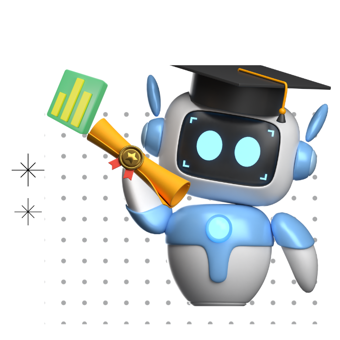 Cute AI robot in a graduation cap holding a certificate and data chart, symbolizing digital learning and achievement.
