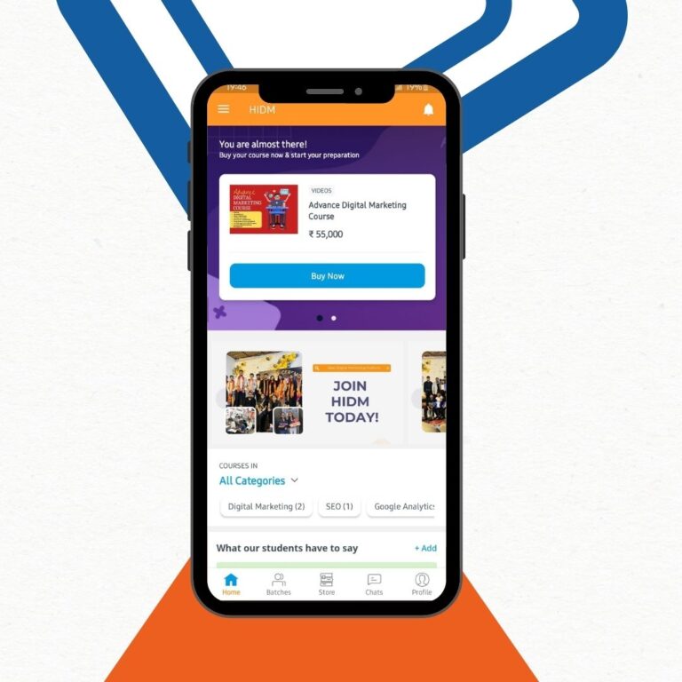 App Home page screenshot in the mobile phone screen with outside borders of blue and orange color.