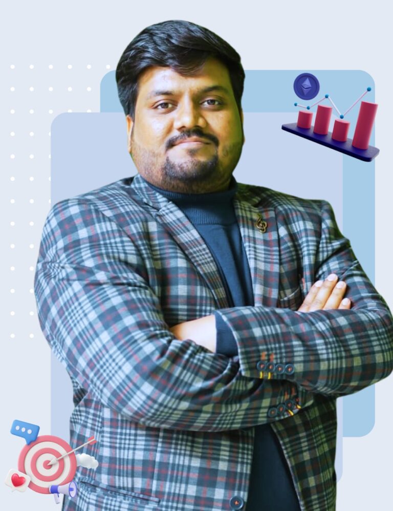 A confident man in a checkered blazer posing with crossed arms, representing expertise in digital marketing with graph and social media icons in the background.