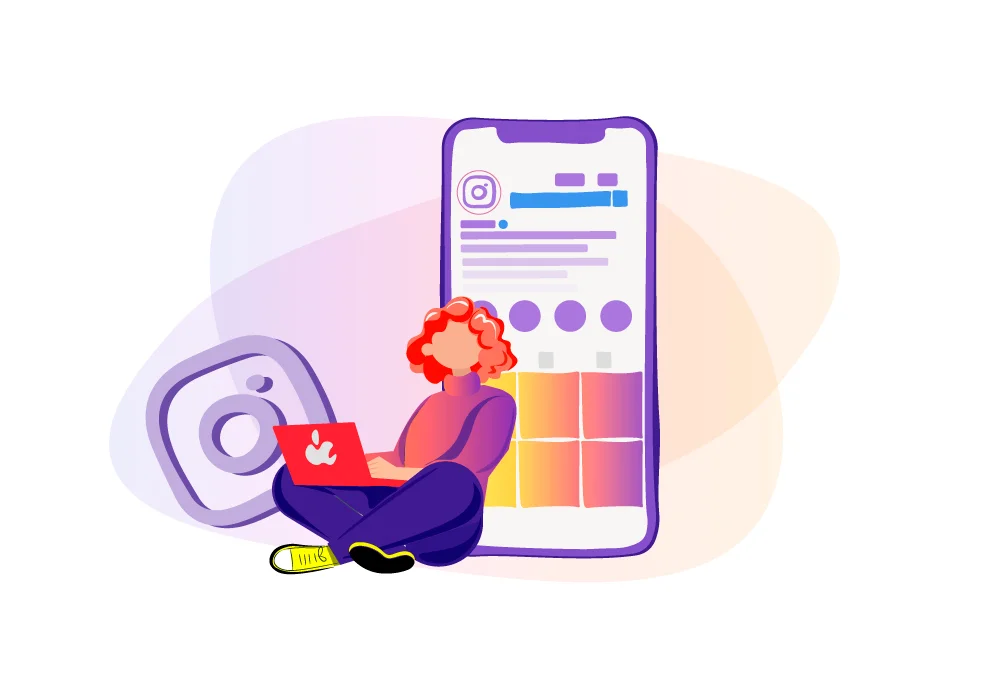 Illustration of a person using a laptop while sitting in front of a large mobile screen displaying an Instagram profile layout, representing social media marketing, content creation, and Instagram growth strategies taught at HIDM – Hisar Institute of Digital Marketing.