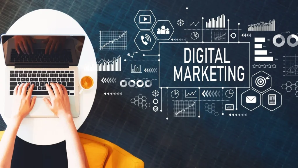 Person working on a laptop with digital marketing icons, charts, and analytics visuals in the background. The image represents online learning, SEO, content strategy, and social media skills taught at HIDM – Hisar Institute of Digital Marketing for career advancement in the digital world.