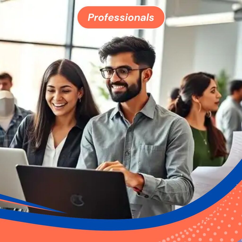 Smiling professionals collaborating and working on laptops in a modern office setting.