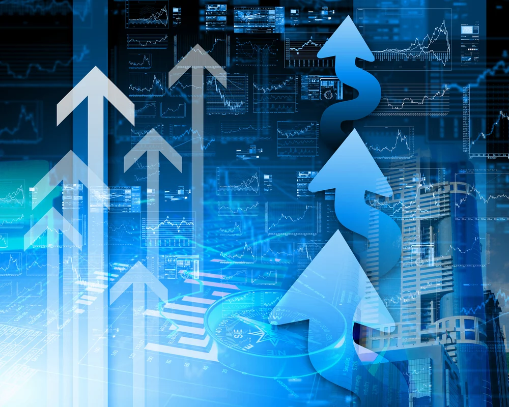 A futuristic business and finance-themed illustration showing upward arrows and stock market graphs, symbolizing digital growth, financial success, and data analytics. The background includes digital charts, a compass, and modern architecture, representing strategic direction, all aligning with the digital marketing and business development goals of HIDM — Hisar Institute of Digital Marketing.