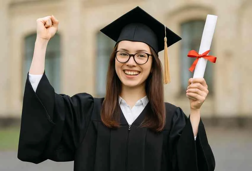 "Happy female graduate in cap and gown holding diploma and celebrating success – ideal image for HIDM digital marketing graduation course promotions"