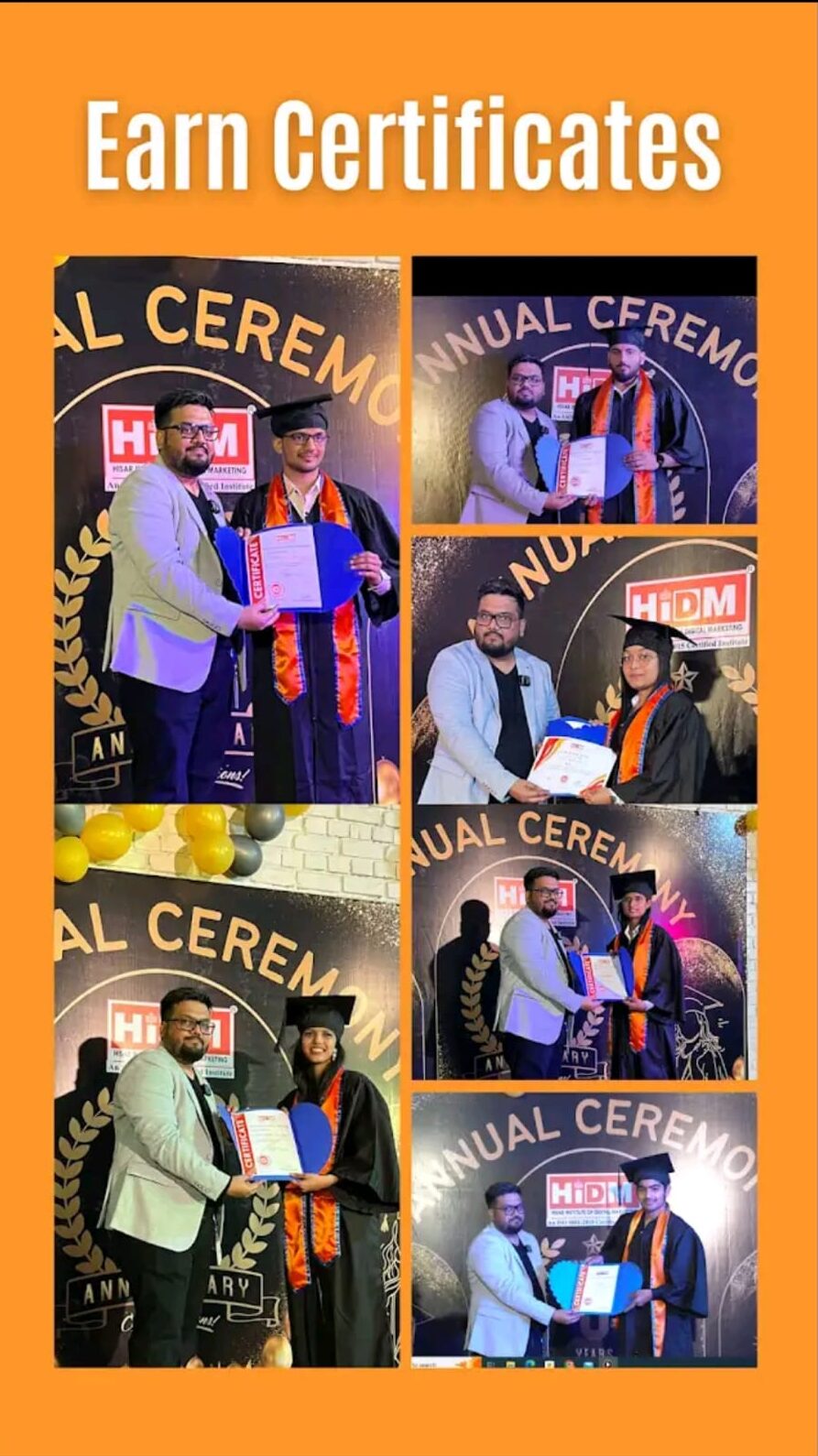 "HIDM students in graduation gowns receiving digital marketing certificates during the annual award ceremony, symbolizing career success and achievement."