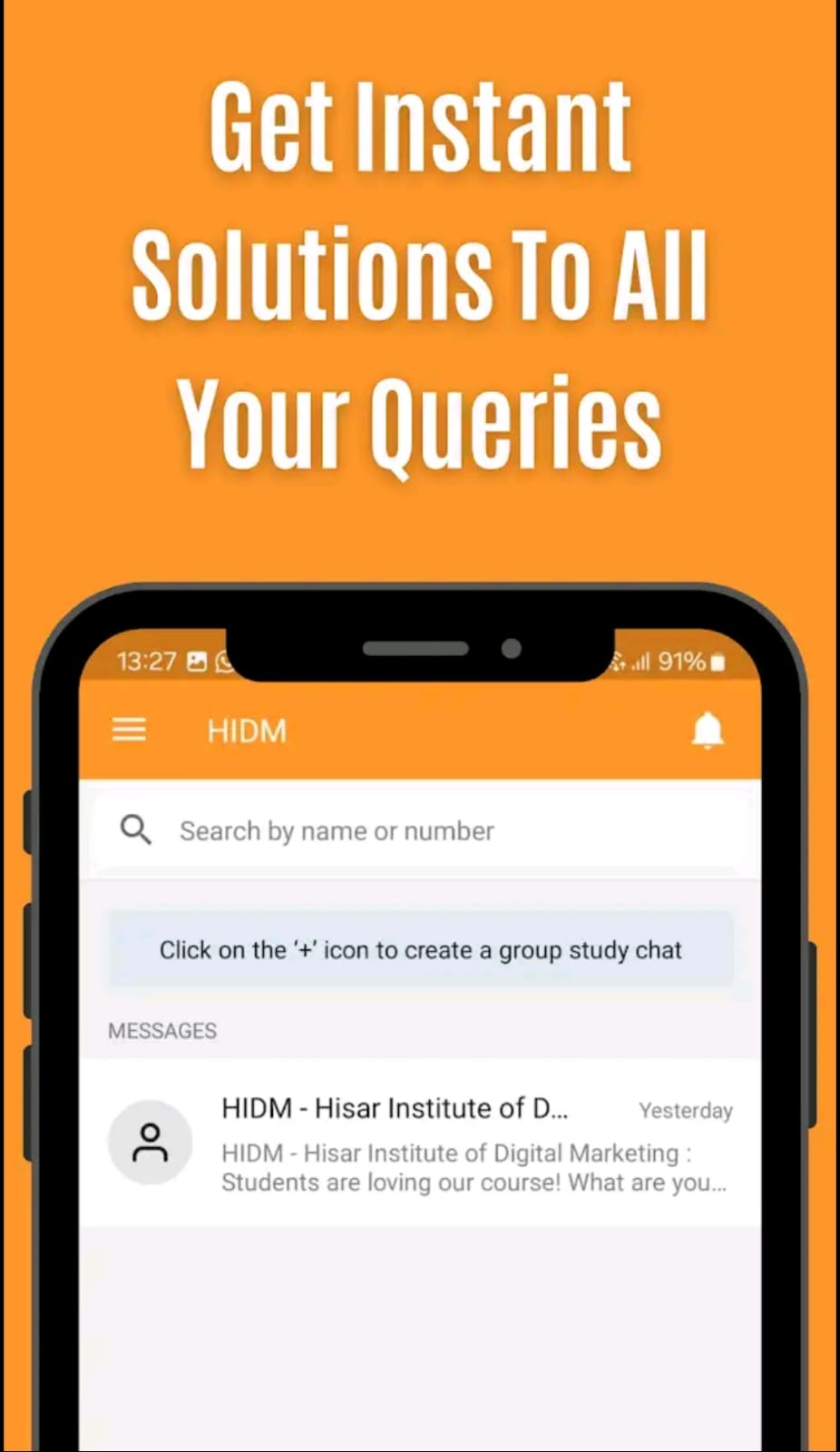 Image of the HIDM mobile app showing instant messaging support with the text “Get Instant Solutions To All Your Queries” displayed above.