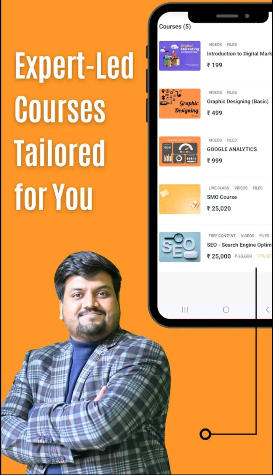 Man standing confidently beside a mobile screen displaying affordable online digital marketing courses offered on the HIDM app, including SEO, SMO, and Google Analytics.