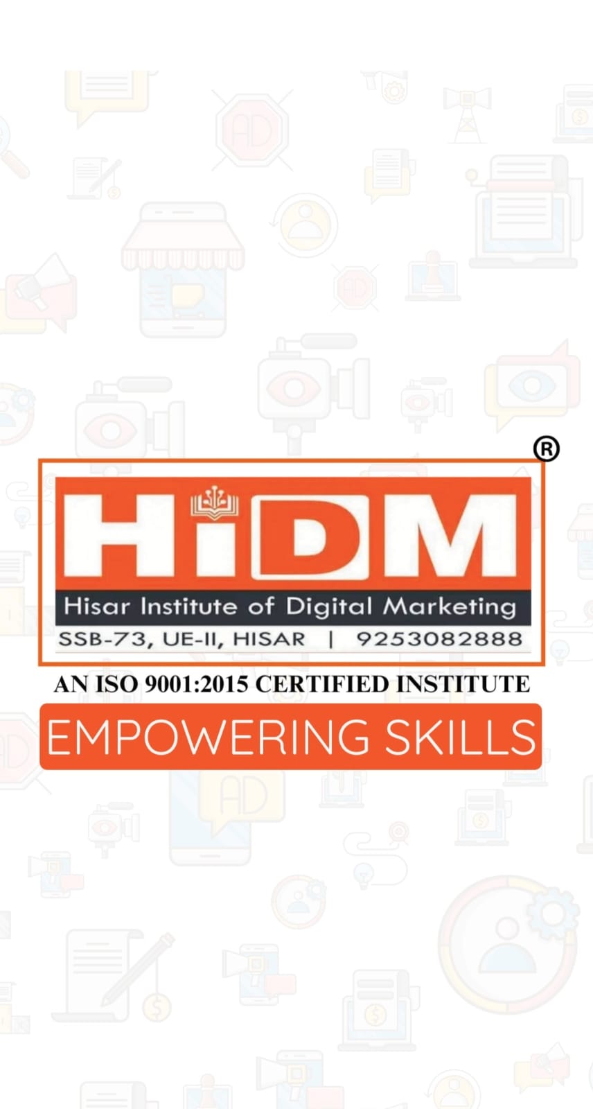 HIDM logo with contact details, tagline “Empowering Skills,” and ISO 9001:2015 certification displayed on a white background with digital marketing icons.