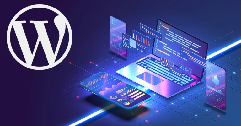 A digital illustration of a laptop and multiple device screens showcasing charts, codes, and dashboards, with a large WordPress logo—depicting HIDM’s training on website planning and WordPress development, covering layout design, theme customization, plugin integration, and SEO optimization.