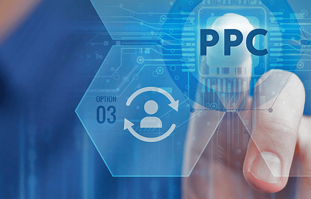 A close-up of a hand touching a digital interface with "PPC" text and user targeting icons, representing online advertising, paid campaigns, and PPC strategies taught at HiDM (Hisar Institute of Digital Marketing).