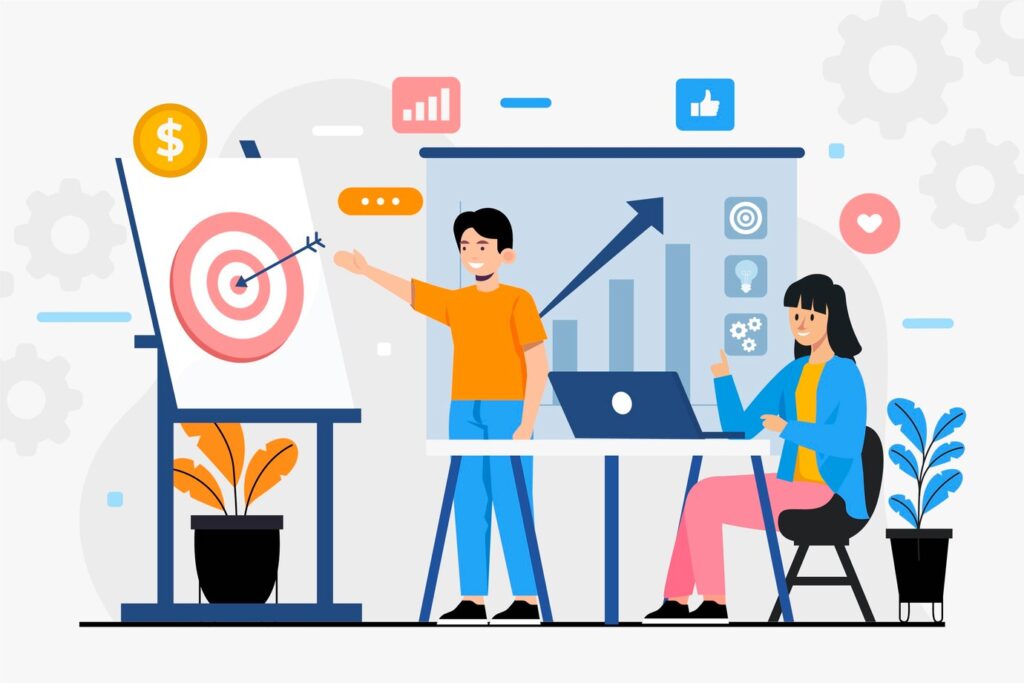 Illustration of a digital marketing strategy session showing a man presenting a target board and growth chart, while a woman works on a laptop. The visuals reflect goal setting, content strategy, social media planning, and performance analytics as taught at HIDM – Hisar Institute of Digital Marketing.