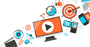 Digital illustration representing video marketing with icons like a computer screen, play button, camera, target, likes, and video tools—used in HiDM (Hisar Institute of Digital Marketing) training for video content creation and marketing strategies.