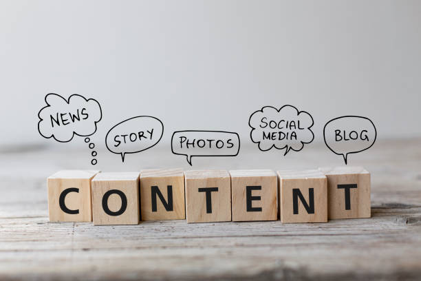 Wooden blocks spelling "CONTENT" with speech bubbles showing words like blog, social media, news, story, and photos—representing HIDM’s training in email marketing, content marketing, and blogging, including strategies for audience engagement, lead generation, storytelling, and campaign automation.