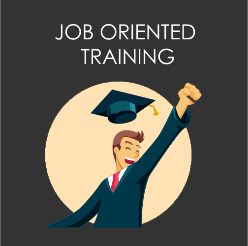 Illustration of a happy graduate in a cap and gown raising a fist in celebration, with the text 'Job Oriented Training' above.
