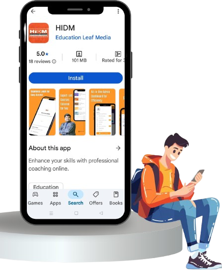 Illustration of a student using a phone beside a smartphone displaying the HIDM app page on Google Play Store, promoting online coaching in digital marketing.