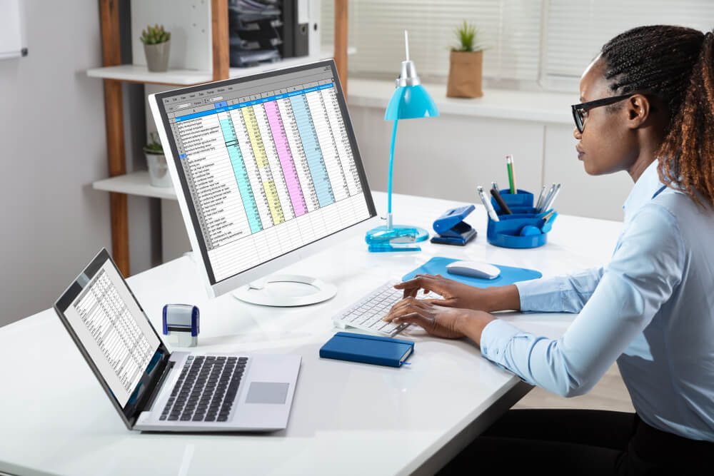 A professional woman working on a data spreadsheet using dual screens in a modern office environment, representing data analysis, Excel skills, and digital marketing analytics training at HiDM (Hisar Institute of Digital Marketing).