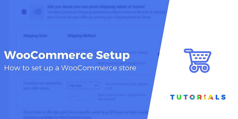 "WooCommerce setup tutorial graphic with text 'How to set up a WooCommerce store' alongside a shopping cart icon on a blue and white background."