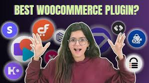 "Excited woman with raised hands surrounded by plugin icons and the text 'Best WooCommerce Plugin?' highlighting top WooCommerce plugins."