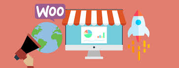 "Illustration of WooCommerce growth showing a computer with store awning, analytics dashboard, rocket launch, and globe with WooCommerce logo."