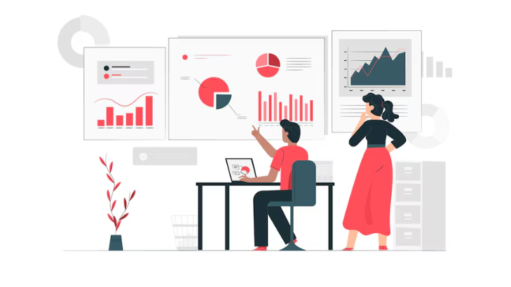 Illustration of two people analyzing multiple charts and graphs on large screens, showing pie charts, bar graphs, and line graphs, symbolizing the HiDM digital marketing mistake of ignoring analytics and data tracking.