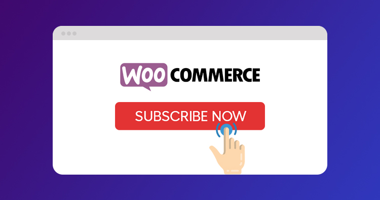 "WooCommerce Subscriptions plugin illustration with a red 'Subscribe Now' button and a hand clicking on it."