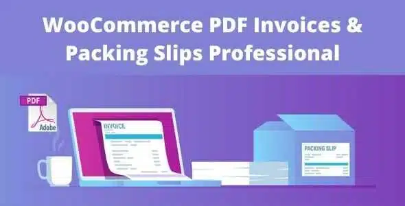 WooCommerce PDF Invoices and Packing Slips Professional plugin illustration showing a laptop with an invoice, a box with a packing slip, and document icons.