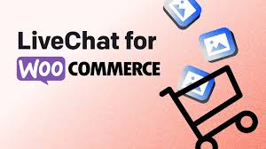 LiveChat for WooCommerce logo with shopping cart icon and floating chat/image icons on a pink background.