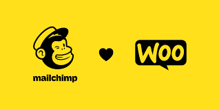 Mailchimp logo with a heart symbol next to the WooCommerce logo on a yellow background.