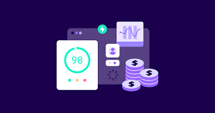 "Illustration of page speed optimization and financial growth, showing a performance score of 98, analytics dashboard, and stacks of coins representing increased conversions