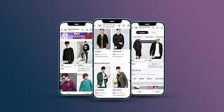 "Three smartphones displaying a clothing e-commerce app interface with product listings, images of male models wearing jackets and sweaters, and pricing details, demonstrating mobile-friendly product pages."