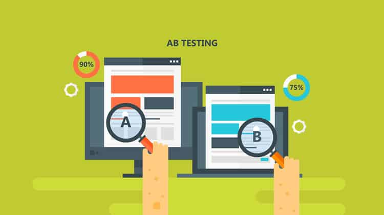 "Illustration of two computer screens labeled A and B showing different webpage layouts, with magnifying glasses highlighting each version, and percentage icons representing test results, symbolizing A/B testing for optimization."