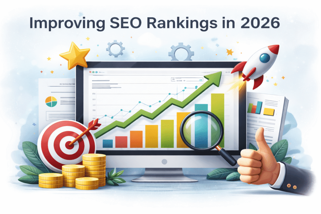 Illustration showing SEO ranking growth in 2026 with upward analytics graph, bar charts, target board, magnifying glass, and rocket symbolizing website optimization success.