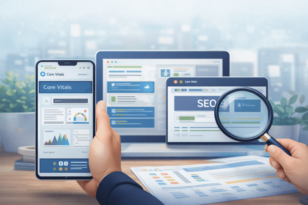 Mobile and laptop screens displaying Core Web Vitals and SEO dashboard with magnifying glass analyzing website performance and technical optimization metrics.