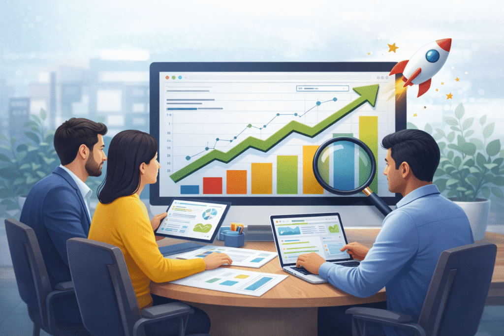 Digital marketing team analyzing SEO performance metrics on desktop and laptop screens with upward ranking graph, magnifying glass, and rocket symbolizing growth.