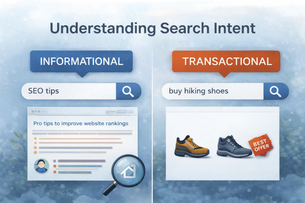 Illustration explaining search intent with comparison between informational search query “SEO tips” and transactional search query “buy hiking shoes,” showing blog results and product listings.
