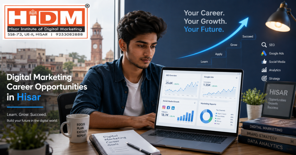 Young Indian student working on digital marketing analytics in a modern office setup with SEO dashboards, career growth graphics, and HiDM logo promoting digital marketing career opportunities in Hisar.