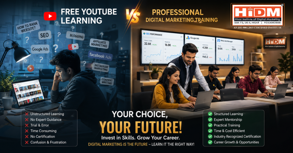 A split-screen digital marketing promotional poster comparing “Free YouTube Learning” with “Professional Digital Marketing Training.” On the left side, a young student sits alone at night in a dark blue room, looking stressed while learning from YouTube tutorials surrounded by floating keywords like SEO, Google Ads, Blogging, Affiliate Marketing, and Instagram Marketing. The section highlights challenges such as unstructured learning, confusion, and lack of guidance. On the right side, a bright modern classroom shows students receiving hands-on training from an instructor in a professional institute environment with analytics dashboards displayed on screens. The poster emphasizes structured learning, mentorship, certifications, and career growth opportunities from HiDM (Hisar Institute of Digital Marketing).