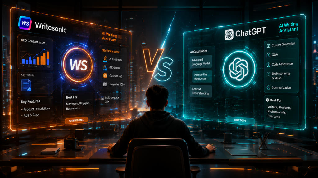 Writesonic vs ChatGPT best AI writing tools 2026 comparison featuring futuristic content generation dashboard, AI chatbot technology, SEO content writing, digital marketing automation, and advanced artificial intelligence workspace