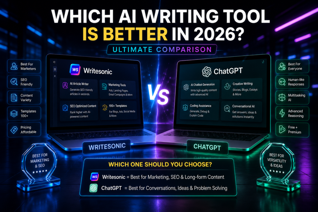 Writesonic vs ChatGPT best AI writing tool 2026 comparison infographic for SEO content, marketing, and AI writing features