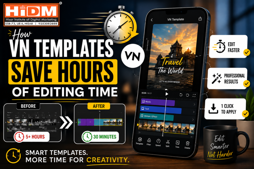 Promotional graphic showing VN Templates helping creators save editing time with faster video editing, professional results, and one-click editing features by HiDM.
