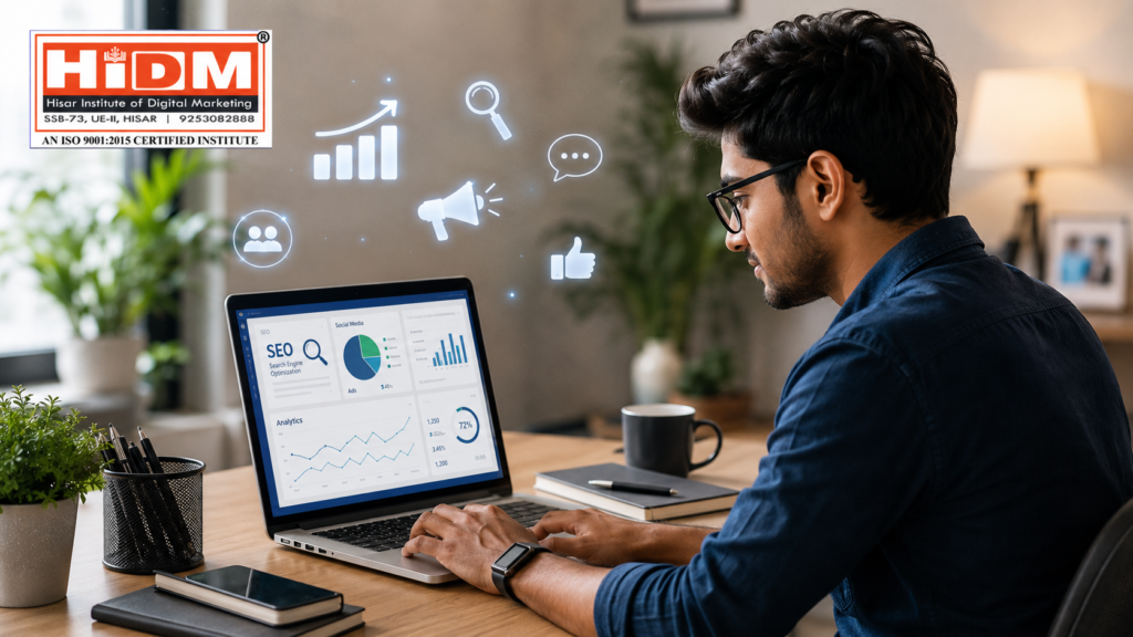 Confident Indian student learning digital marketing on a laptop with SEO, analytics, and social media dashboards in a modern workspace.