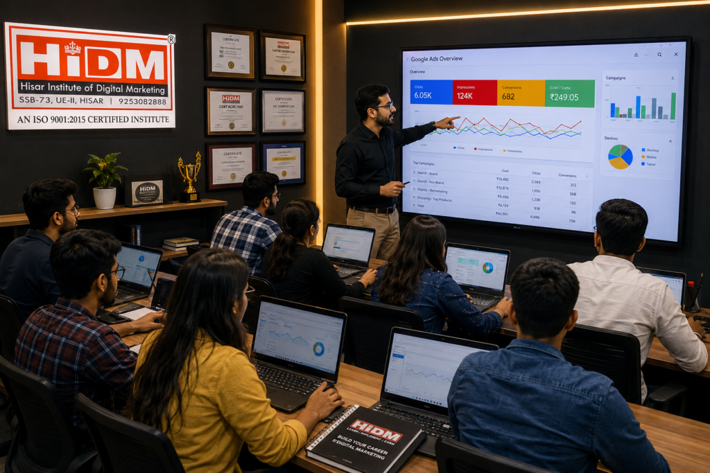 Ultra realistic digital marketing classroom at HiDM Hisar Institute of Digital Marketing with Indian students using laptops, SEO dashboards, Google Ads analytics screens, mentor teaching live projects, certificates on wall and professional training atmosphere.