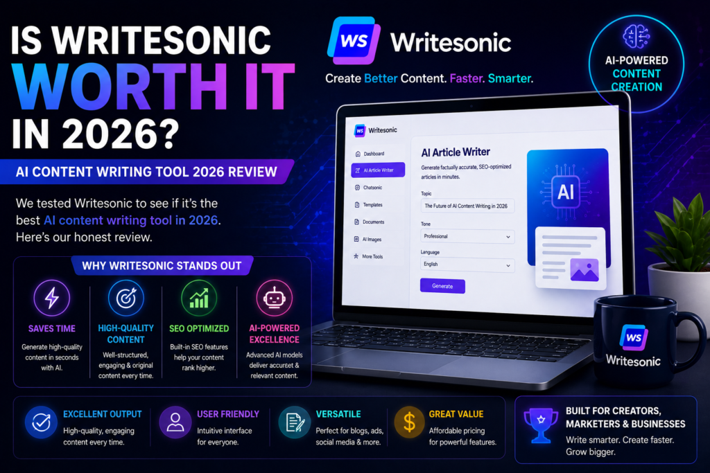 AI content writing tool 2026 review banner showing Writesonic features, benefits, and AI-powered content creation interface