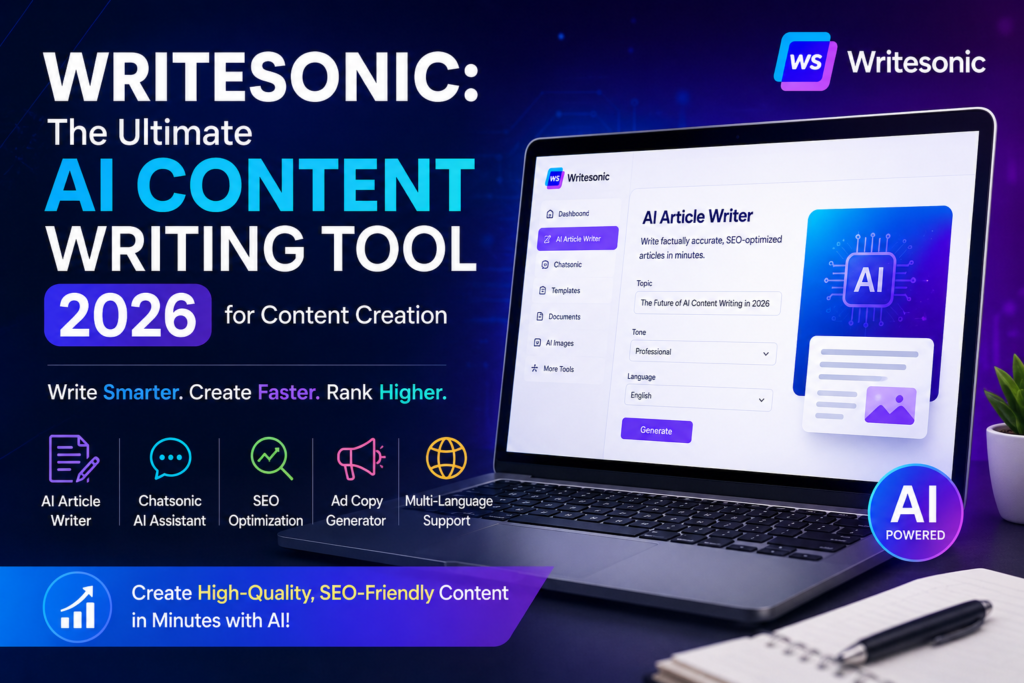 AI content writing tool 2026 Writesonic dashboard showing AI article writer and SEO content generation