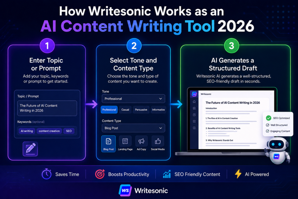 AI content writing tool 2026 infographic showing how Writesonic works with prompt input, tone selection, and AI-generated content