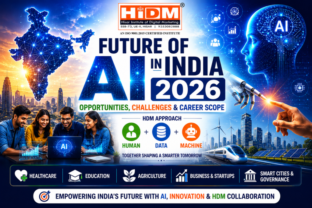 Future of AI in India 2026 infographic by HiDM showing opportunities, challenges, career scope, and AI-powered industries with human, data, and machine integration