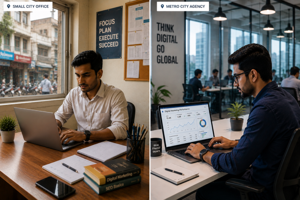 Split-screen comparison of two professionals working on laptops in different office environments — a small city office and a modern metro city agency.
