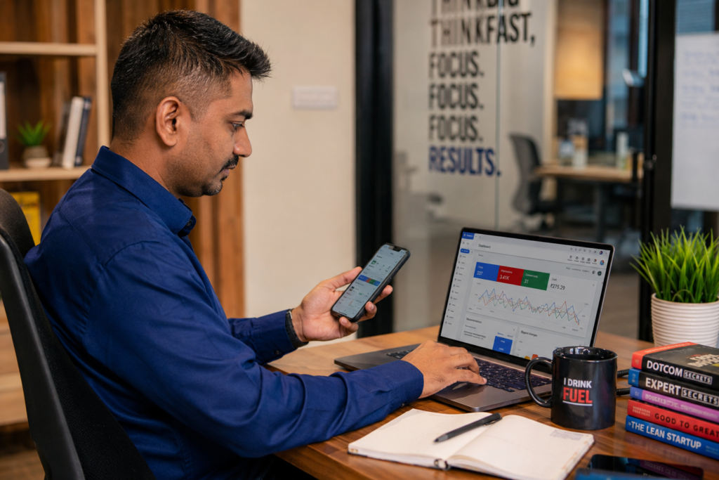 A man in a blue shirt works at a desk in a modern office, holding a smartphone while viewing analytics dashboards on a laptop screen. Books, a coffee mug, and a notebook are placed on the desk.