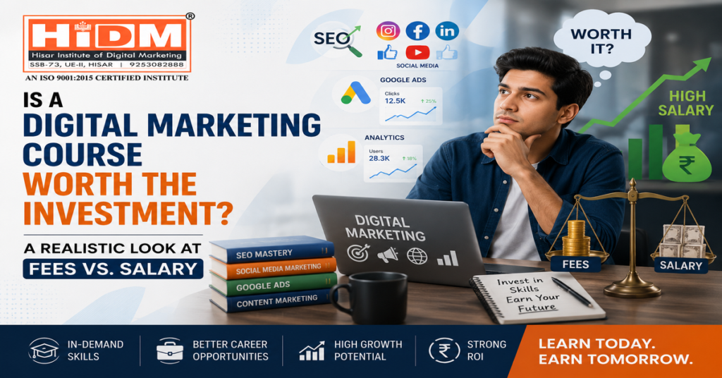 Young student analyzing digital marketing career growth, course fees, SEO, Google Ads, analytics, and salary potential on a laptop.